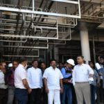 Minister Talasani Srinivas Yadav reviewing the ongoing works of Vijaya Dairy at Raviryal in Rangareddy district on Tuesday.