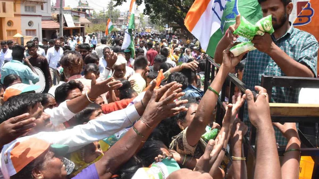 Milking votes: Locally produced buttermilk being distributed during a campaign in Mysuru. The Congress was favoured in the milk-producing districts in the 2023 Karnataka elections.